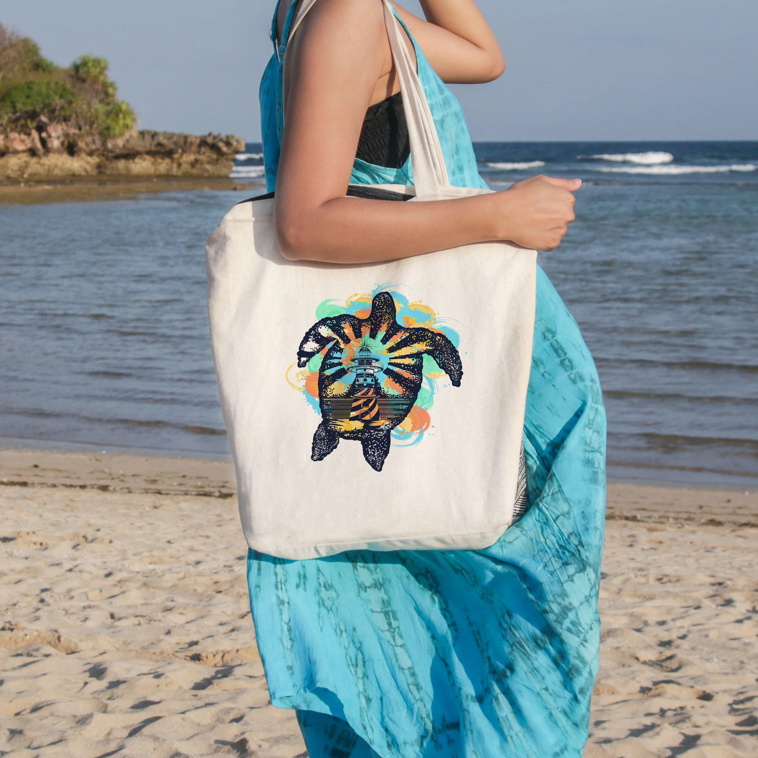 Lighthouse Sea Turtle Beach Tote