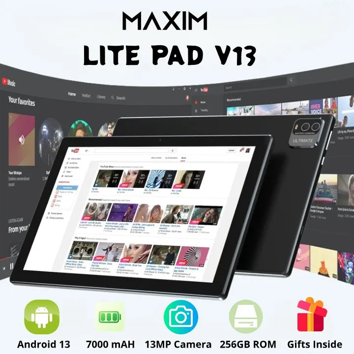 Maxim LitePad V13 Ultra Slim 10.1" 8GB   256GB Android 13 5G Wifi, Keyboard | Wireless Mouse | Leather Case | Screen Guards