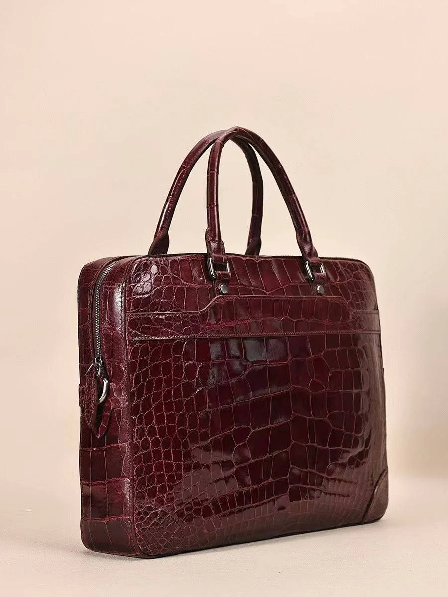 Men Genuine Crocodile Leather  Briefcase Wine Red