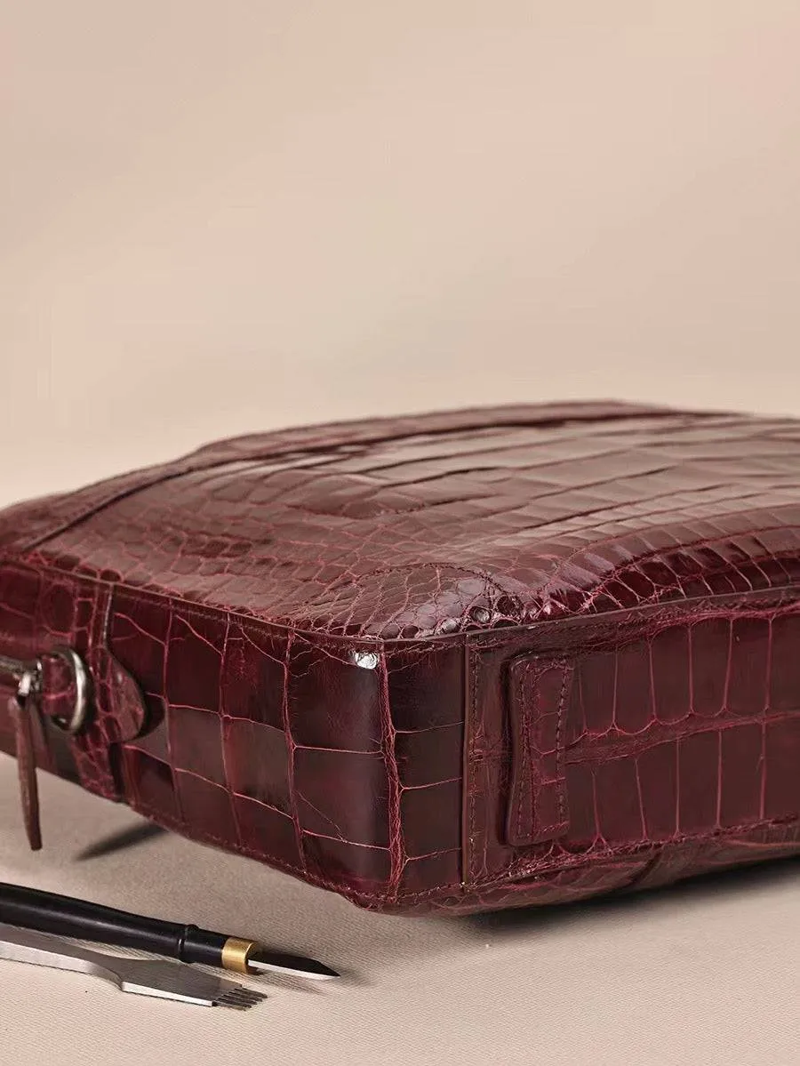 Men Genuine Crocodile Leather  Briefcase Wine Red