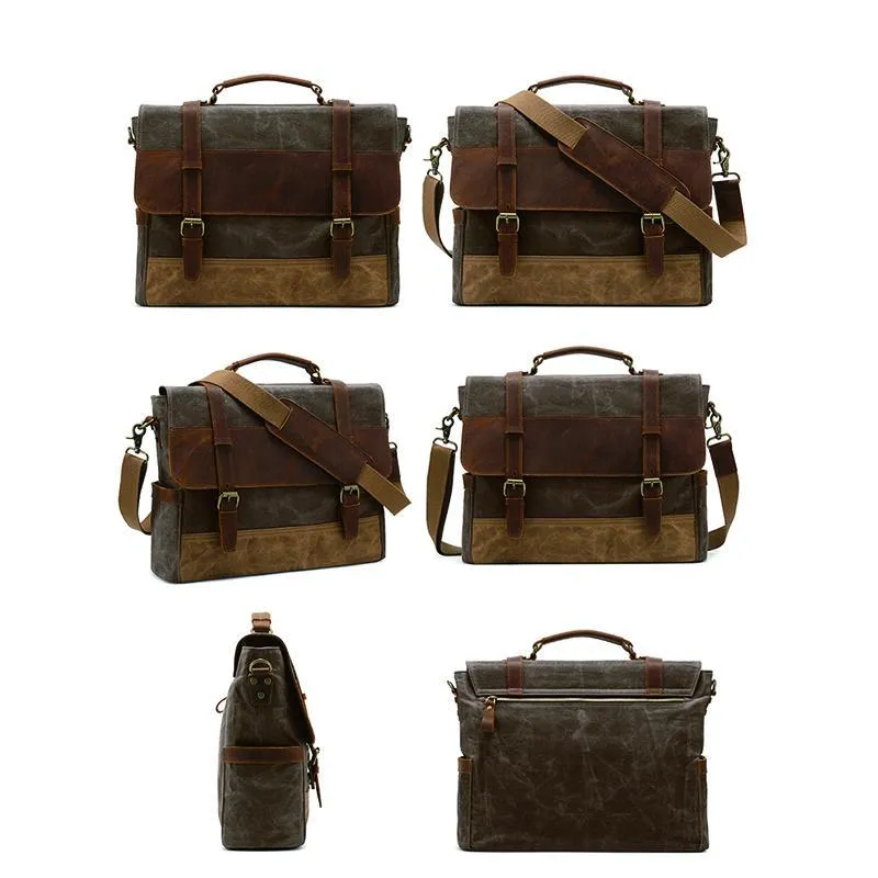 Men's oil wax canvas leather shoulder bag with Crazy Horse leather shoulder bag with computer briefcase and retro shoulder bag