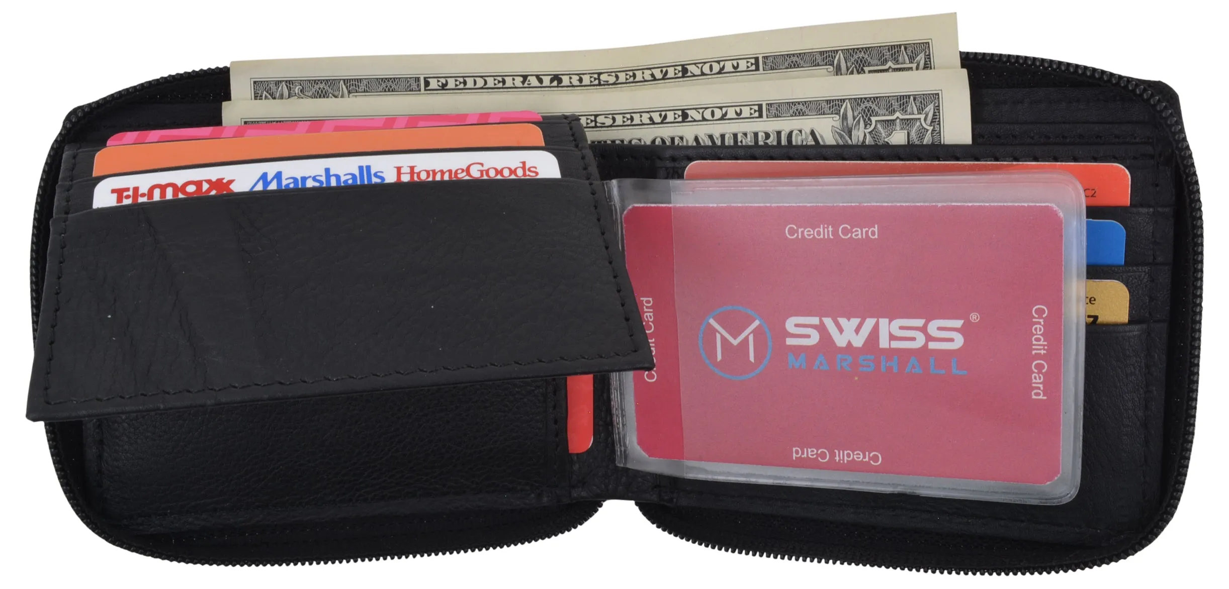 Men's Zipper RFID Blocking Premium Leather Zip-Around Credit Card ID Bifold Black Wallet Box