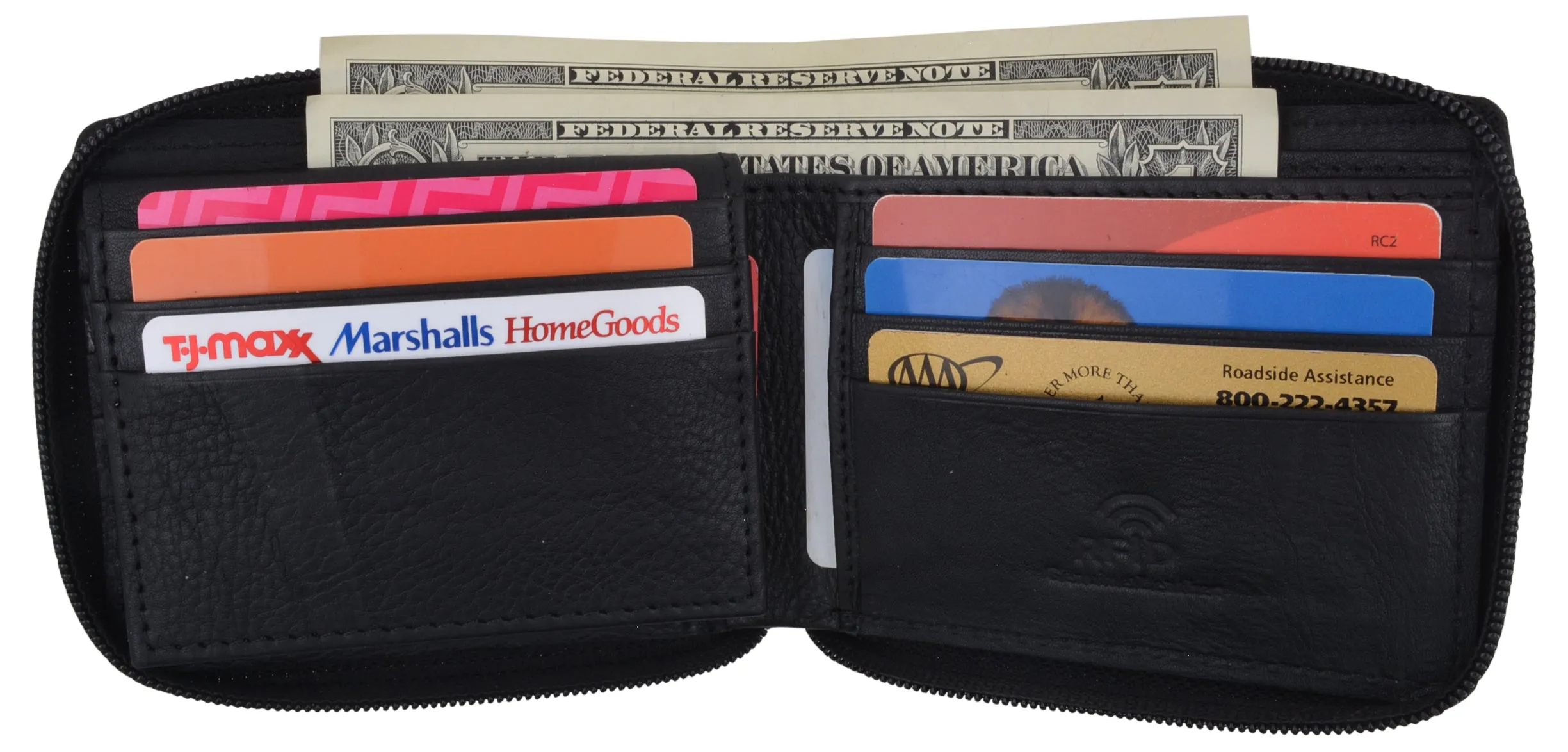 Men's Zipper RFID Blocking Premium Leather Zip-Around Credit Card ID Bifold Black Wallet Box