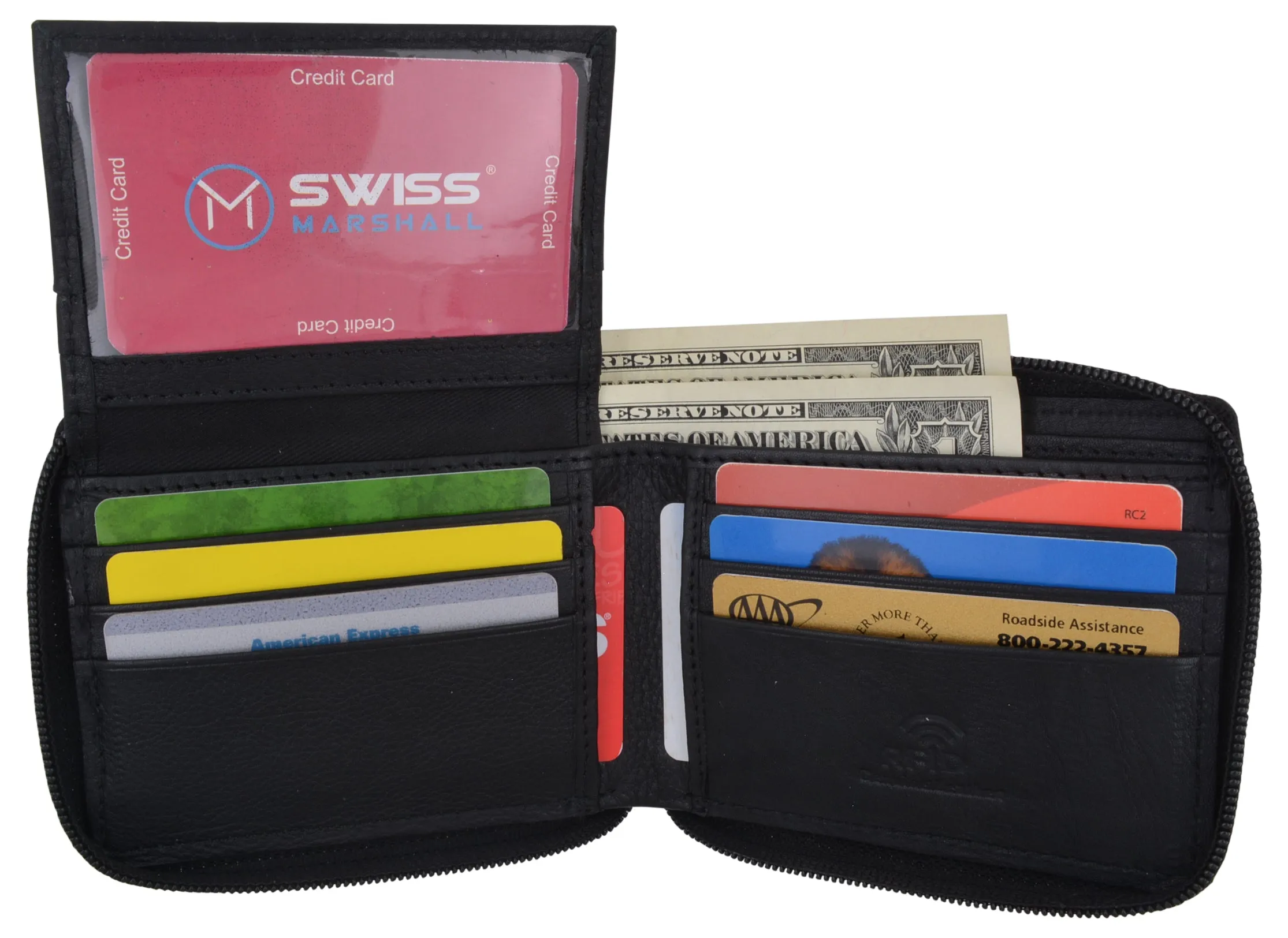 Men's Zipper RFID Blocking Premium Leather Zip-Around Credit Card ID Bifold Black Wallet Box