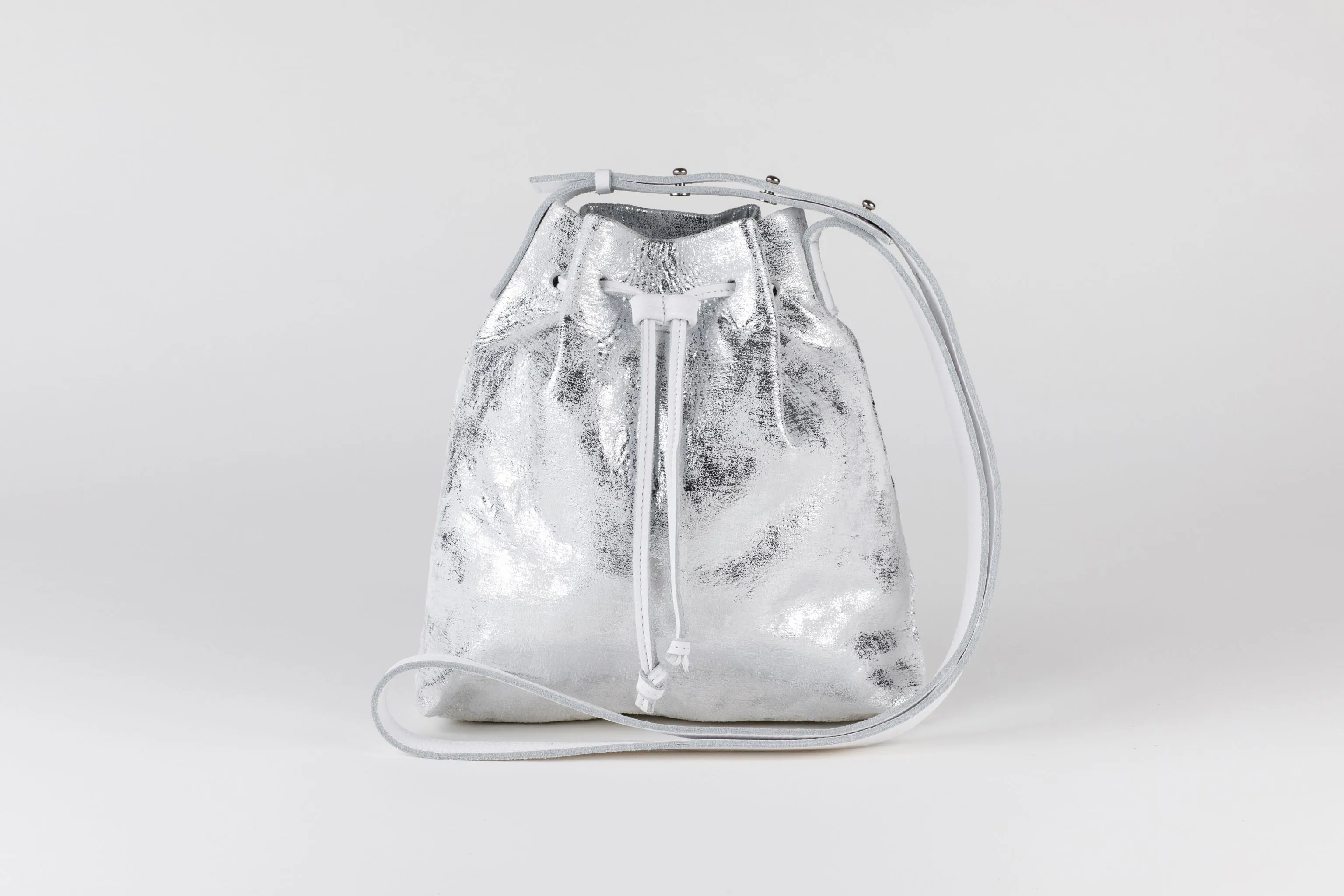 Mini Crossbody Tote | White Silver Metallic Leather   Silver Hardware