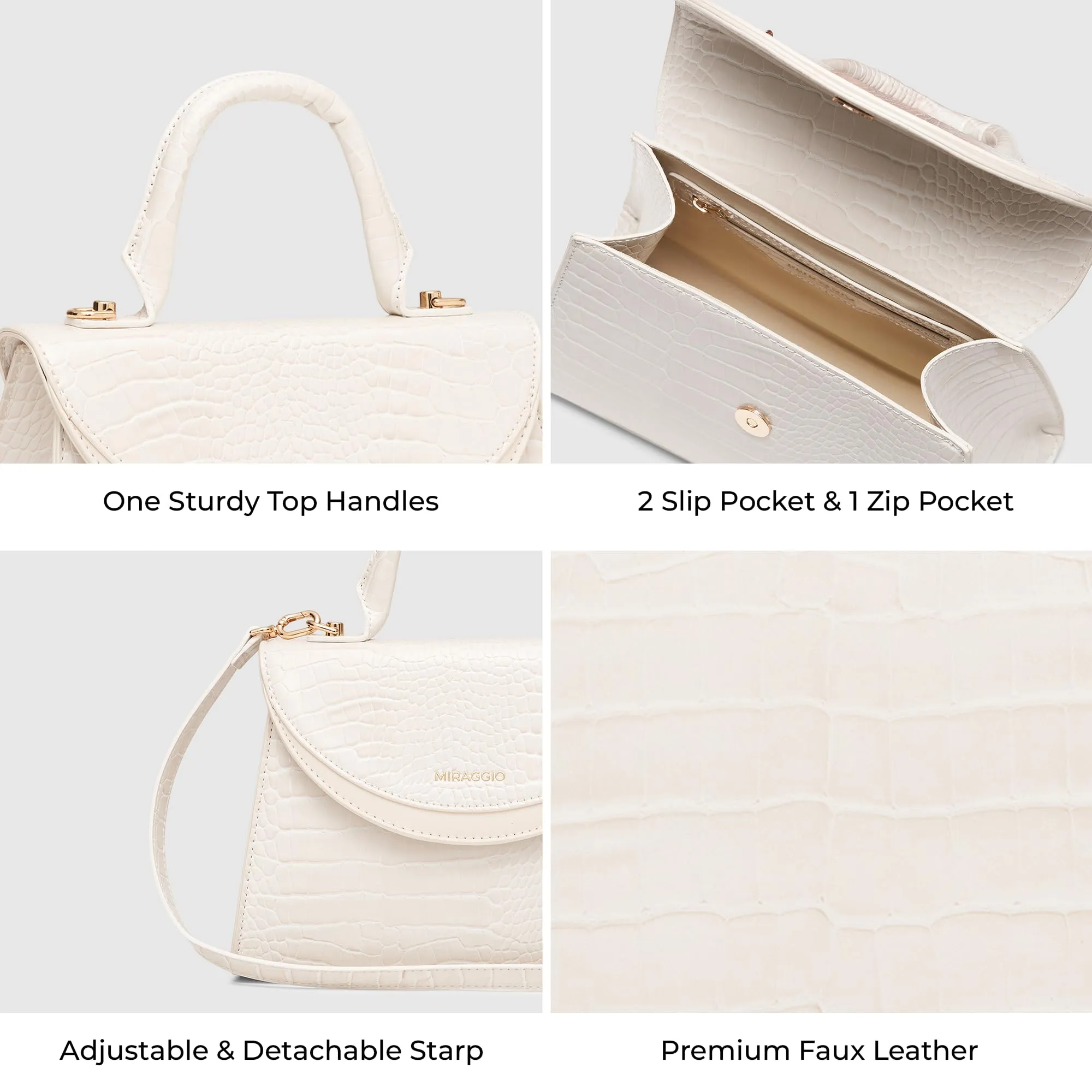 Miraggio Barbara Handbag with Adjustable & Detachable Sling Strap (Cream)