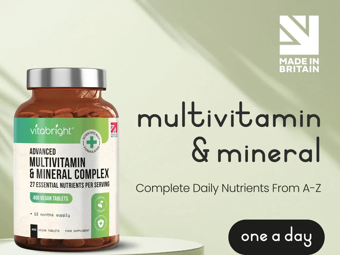 Multivitamin & Minerals 100% RDA 400 Vegan Tablets A-Z for Men & Women UK Made