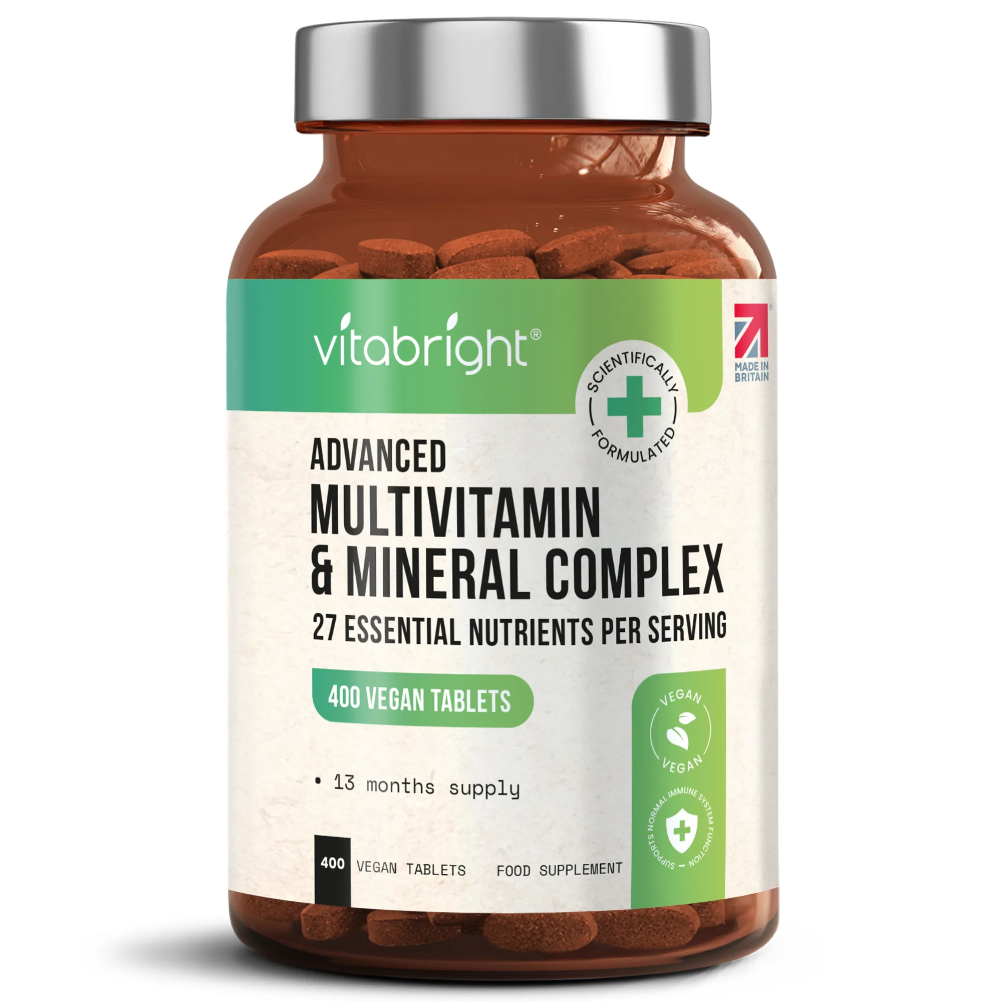 Multivitamin & Minerals 100% RDA 400 Vegan Tablets A-Z for Men & Women UK Made