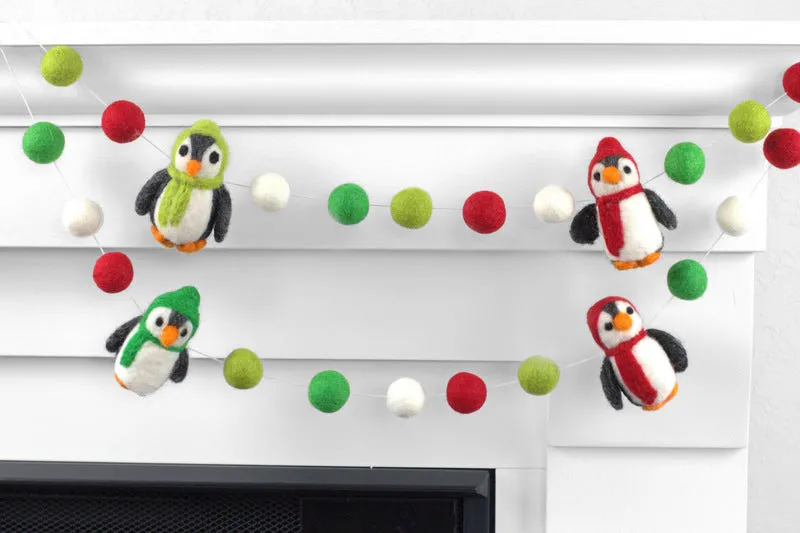 Penguin Felt Christmas Garland- Red & Green