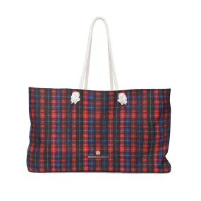 Red Plaid Print Weekender Bag, Best Tartan Print Oversized Designer 24"x13" Large Tote Weekender Bag