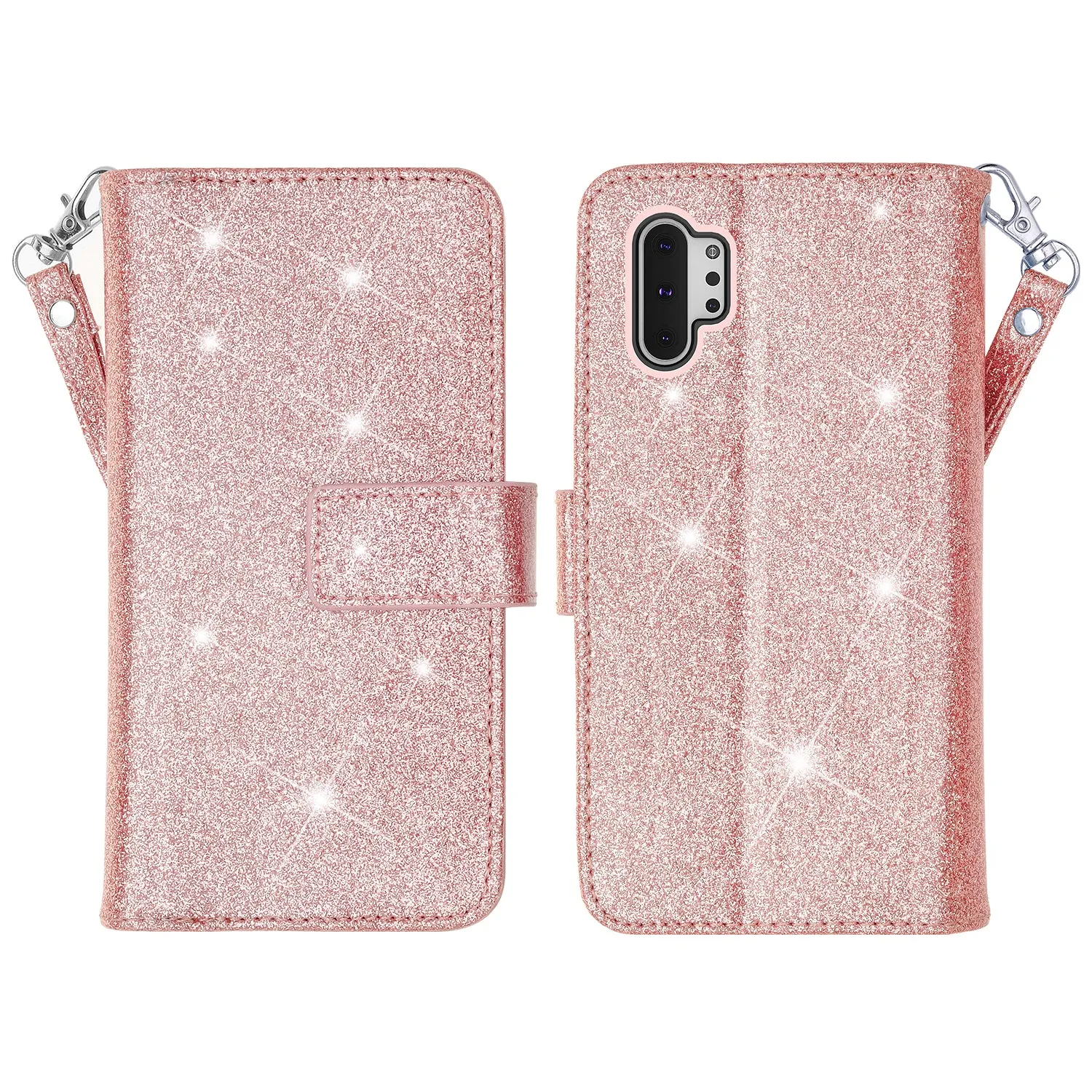 Samsung Galaxy A32 5G Case, Galaxy A32 5G Case, Glitter Faux Leather Flip Credit Card Holder Wrist Strap Shockproof Protective Wallet Case Clutch for Galaxy A32 5G - Rose Gold