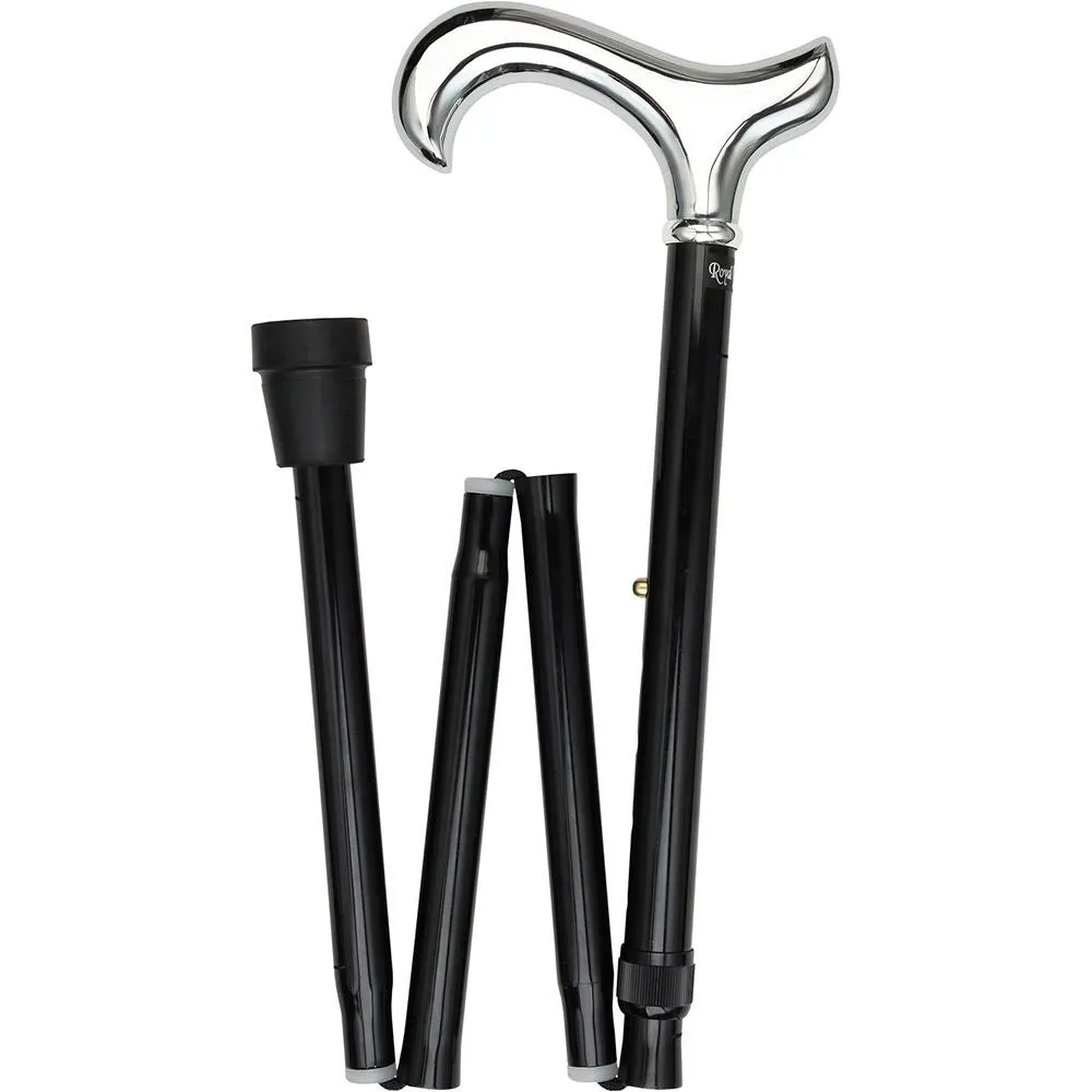 Scratch and Dent Chrome Plated Derby Walking Cane With Folding, Adjustable Black Aluminum Shaft V1653