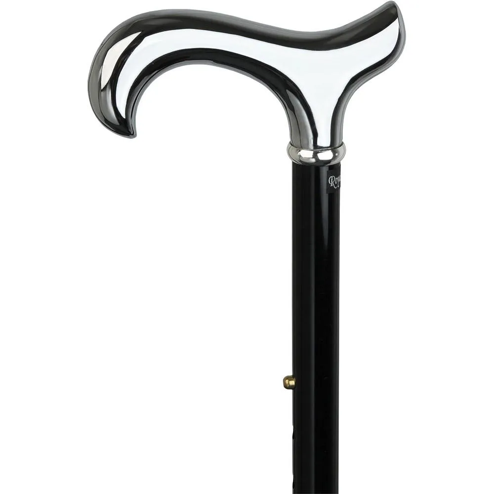 Scratch and Dent Chrome Plated Derby Walking Cane With Folding, Adjustable Black Aluminum Shaft V1653