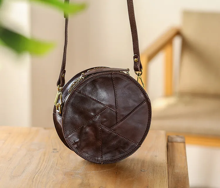 Small Ladies Round Leather Bag Black Leather Shoulder Bag