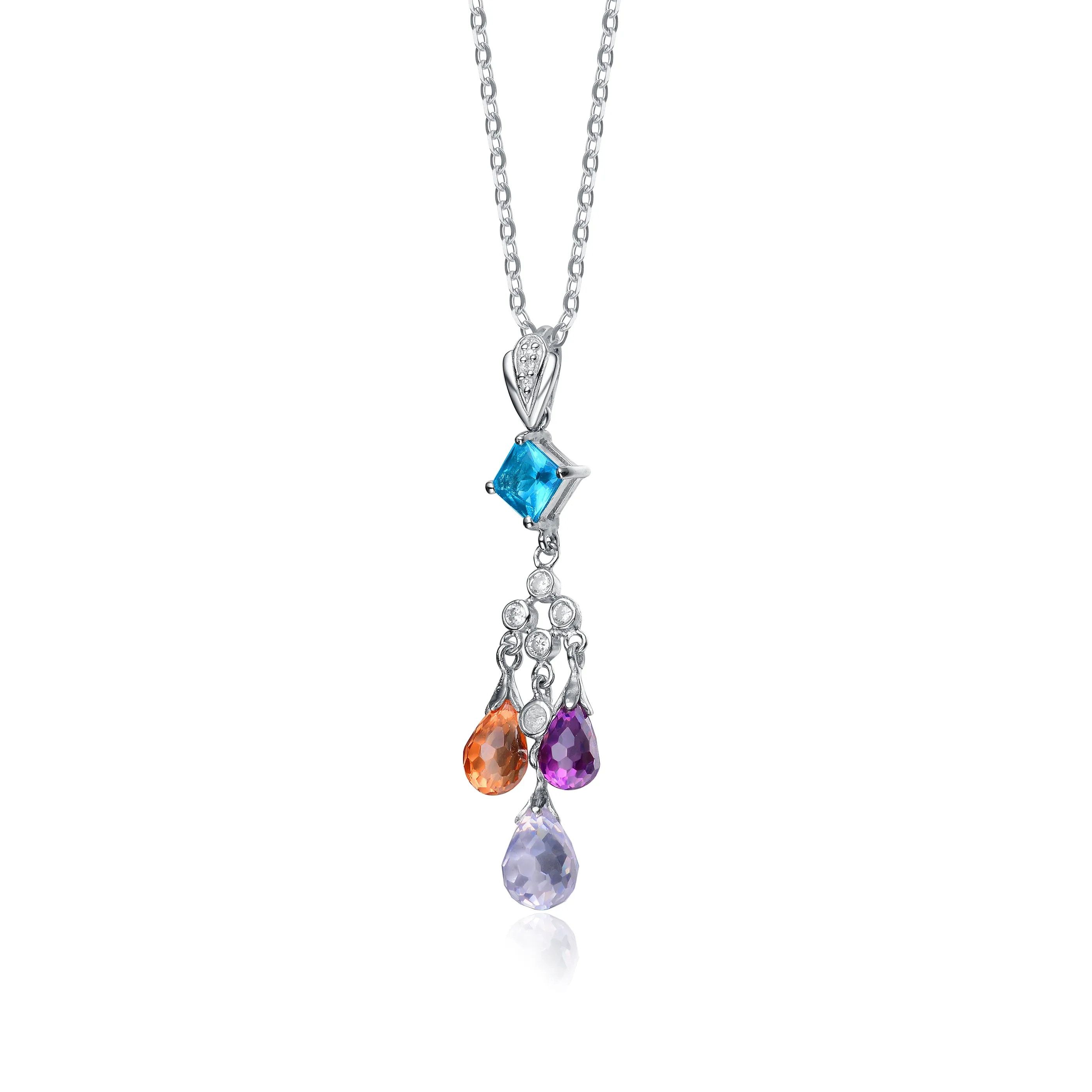 Sterling Silver Cubic Zirconia and Blue Orange and Purple Cubic Zirconia Dangling Pendant Necklace