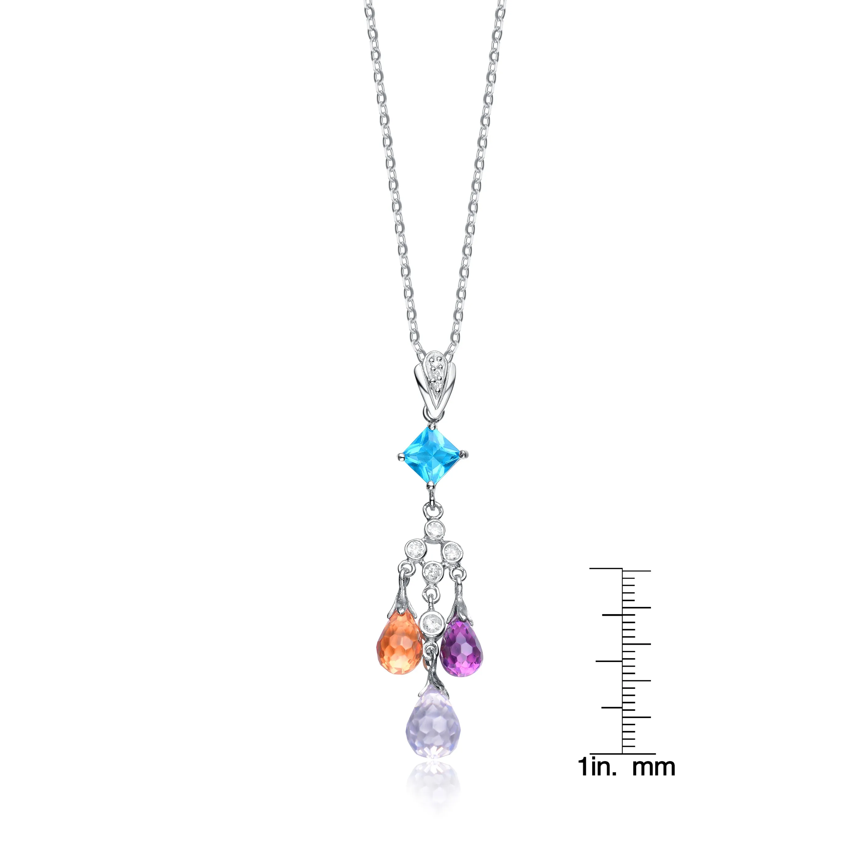 Sterling Silver Cubic Zirconia and Blue Orange and Purple Cubic Zirconia Dangling Pendant Necklace