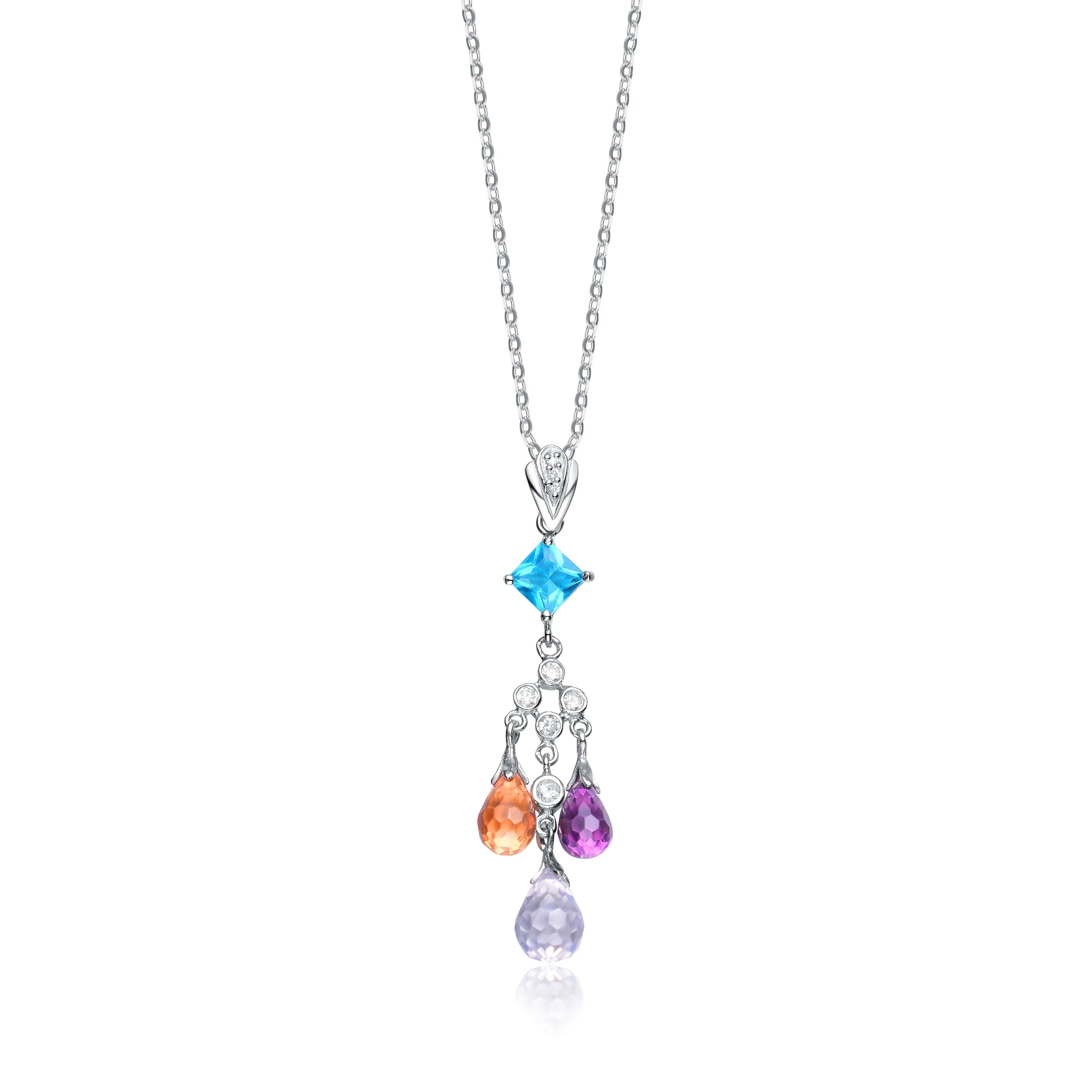 Sterling Silver Cubic Zirconia and Blue Orange and Purple Cubic Zirconia Dangling Pendant Necklace