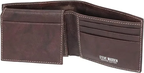 Steve Madden Men's Leather Wallet RFID Wallet Extra Capacity Attached Flip Pockets