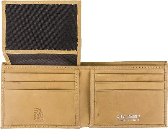 Steve Madden Men's Leather Wallet RFID Wallet Extra Capacity Attached Flip Pockets