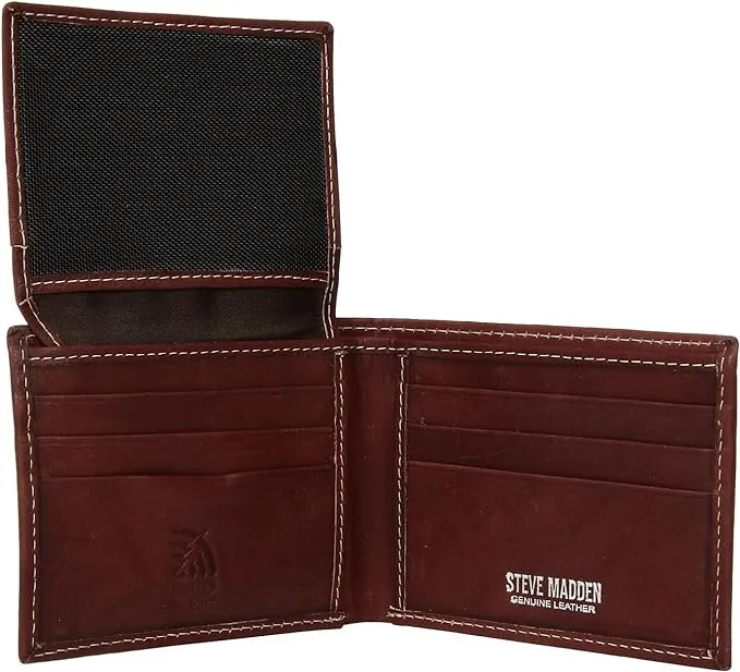 Steve Madden Men's Leather Wallet RFID Wallet Extra Capacity Attached Flip Pockets