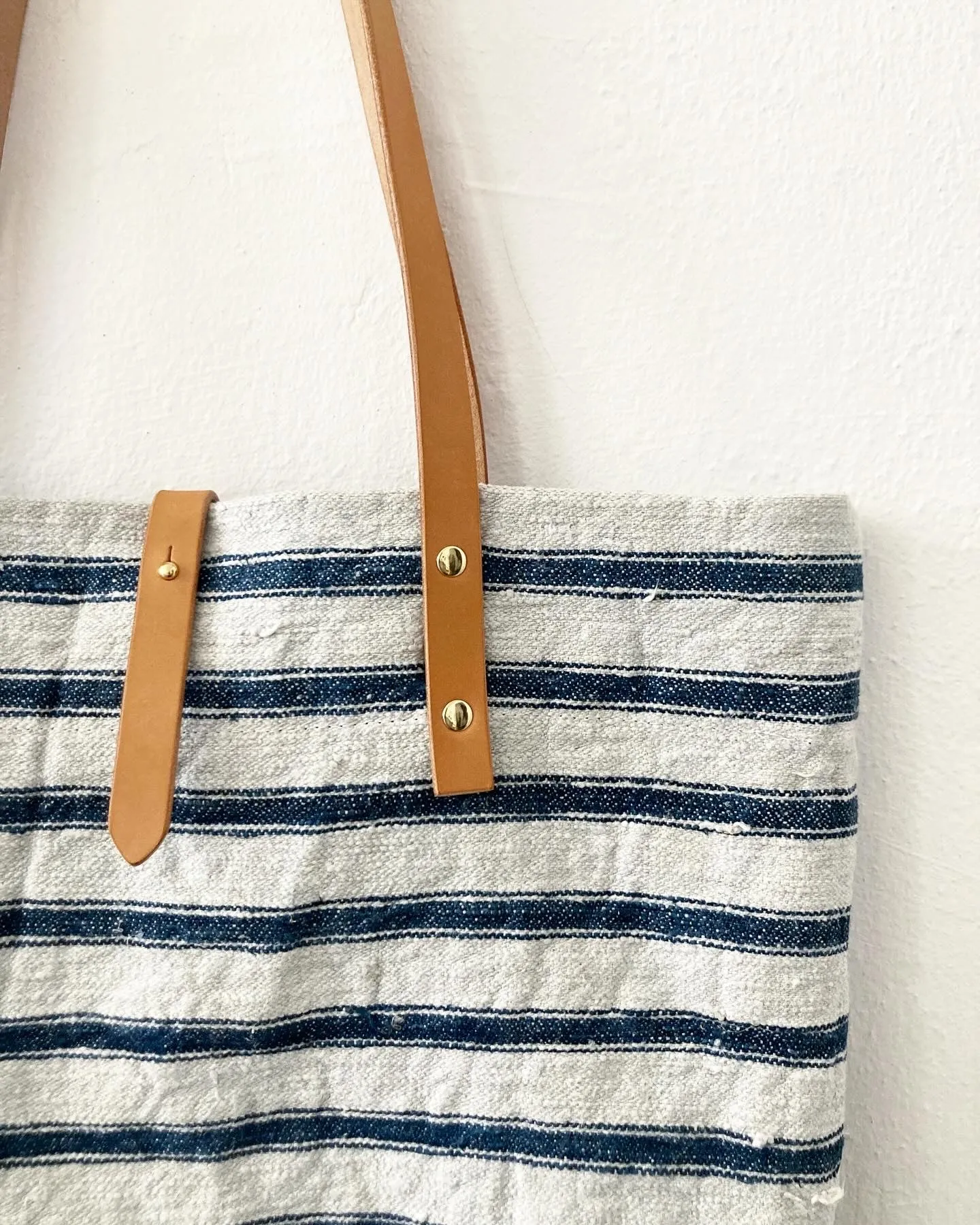 Textile tote - blue-beige cotton with leather straps