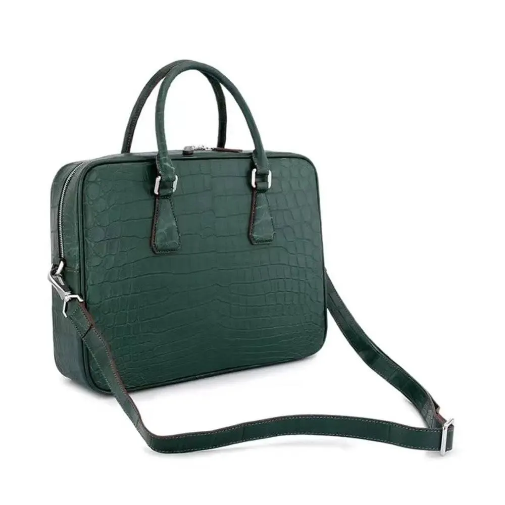 Unisex Crocodile Leather Laptop Briefcase with Pass Through Trolley Handles Dark Green