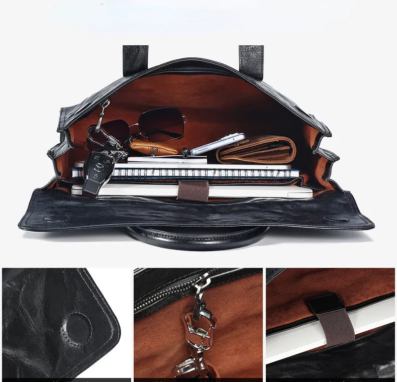 Vege Tanned Black Leather Handbag for Men 6690