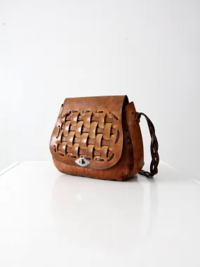 vintage 60s basket weave leather shoulder bag