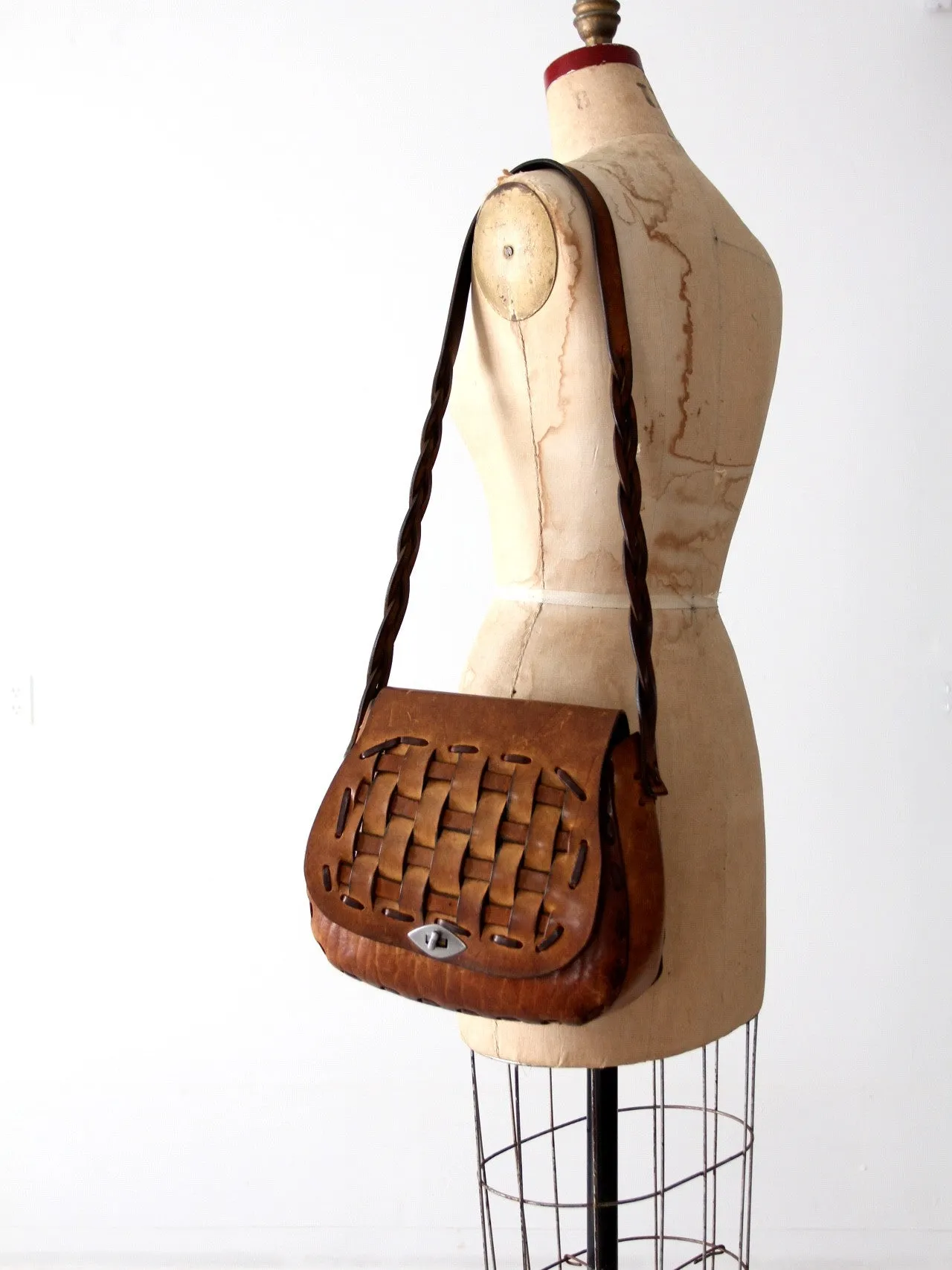 vintage 60s basket weave leather shoulder bag