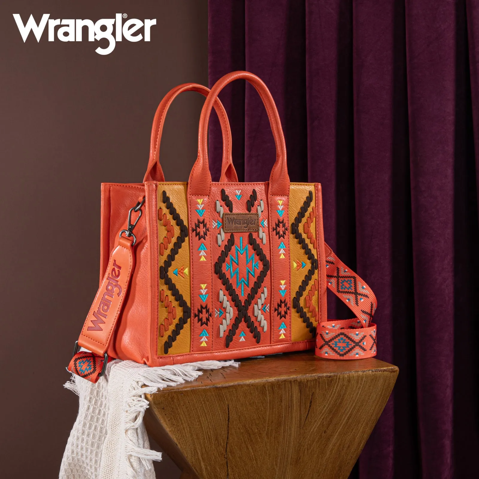 WG2214-8120  Wrangler Aztec Embroidered Tote/Crossbody - Orange