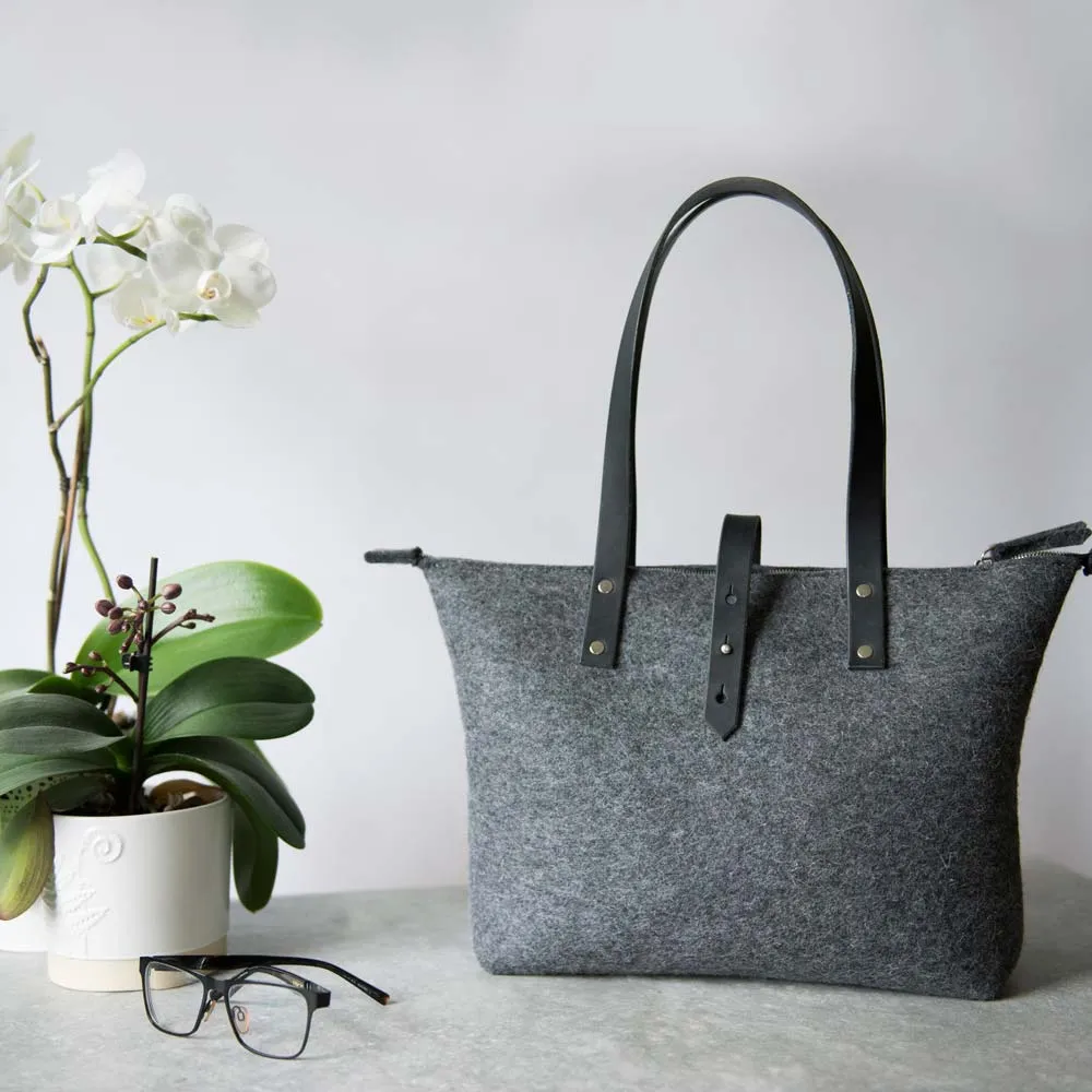 Wool Felt Tote Bag with Zip - Grey