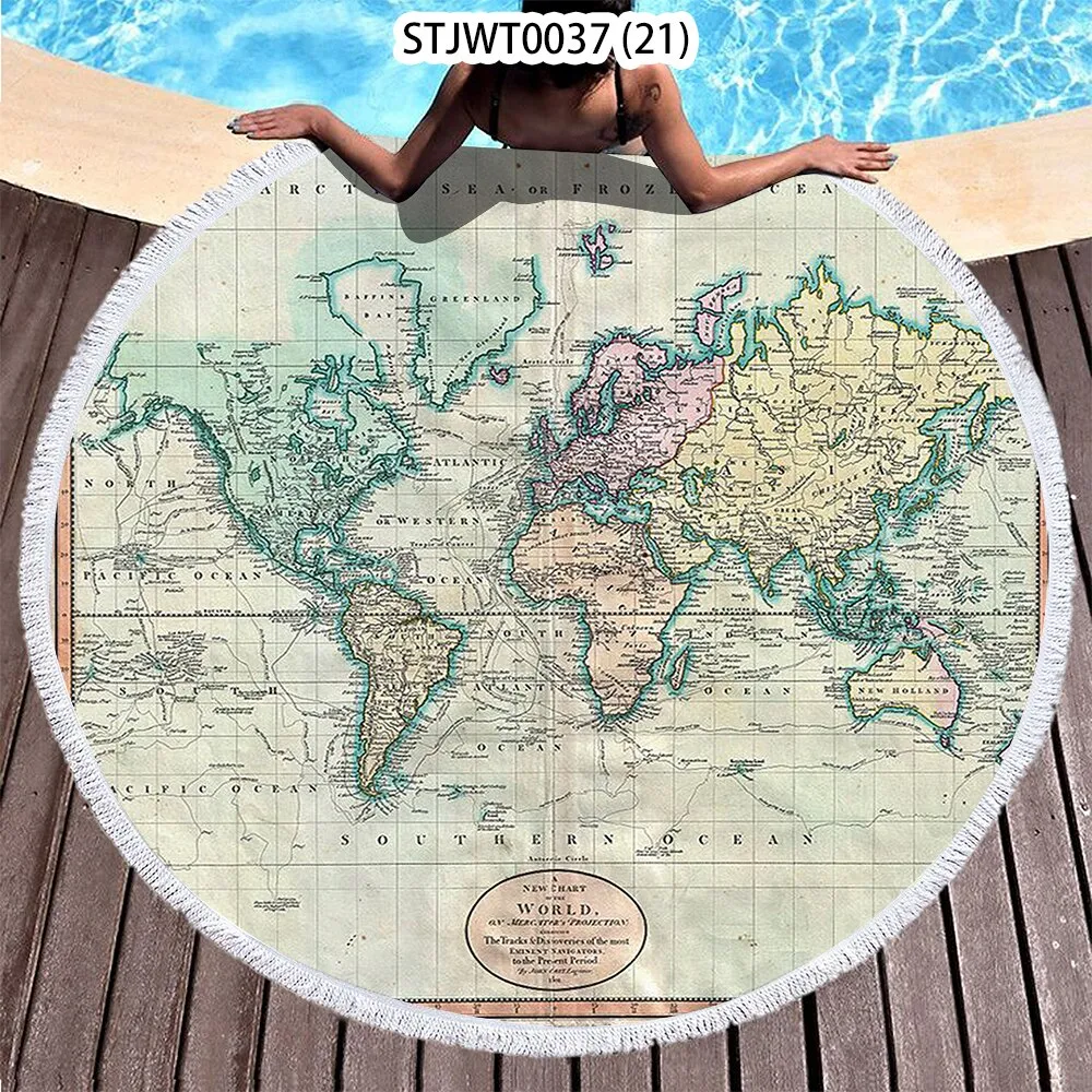 World map pattern Summer Round Swimming Quick-dry Microfiber Bath Towel Swimming Beach Towel Sports Towel Full Body Bath Towel