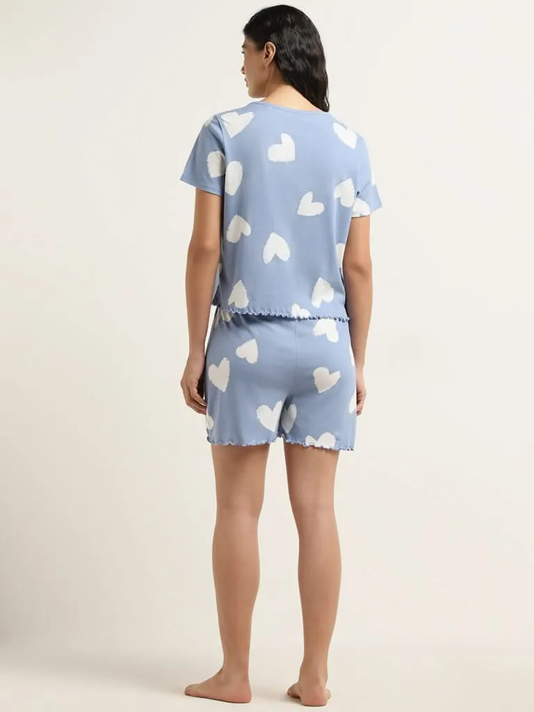 Wunderlove Dusty Blue Hearts Print Cotton Shorts Set In A Bag